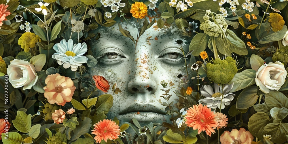 Surreal Artistic Portrait of a Woman's Face Blended with Vibrant Flowers Surreal Artistic Portrait of a Woman's Face Blended with Vibrant Flowers