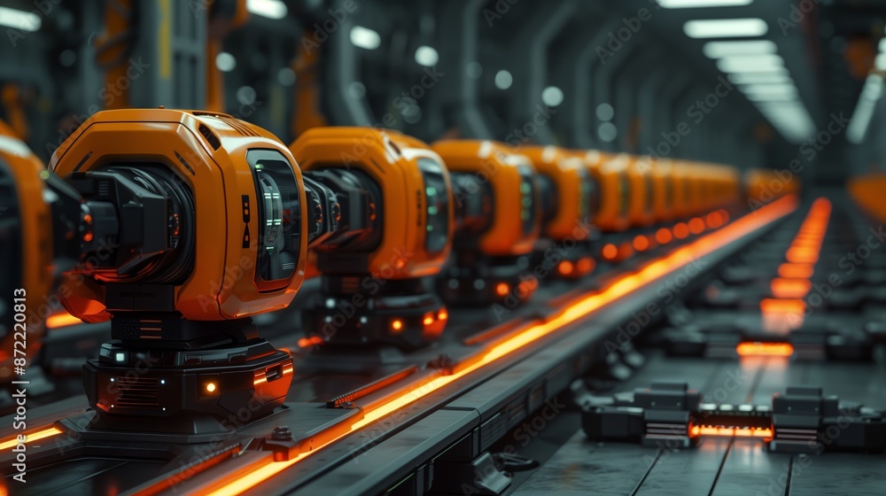 Automated Production Line With Orange Robotic Arms Automated Production Line With Orange Robotic Arms