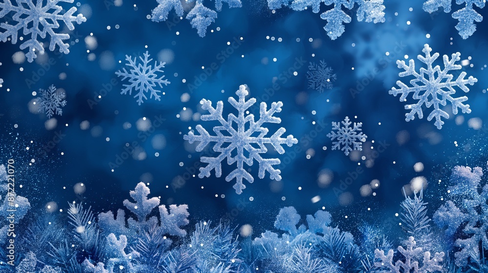 A magical display of intricate snowflakes falling gently against a deep blue wintry background. A magical display of intricate snowflakes falling gently against a deep blue wintry background.