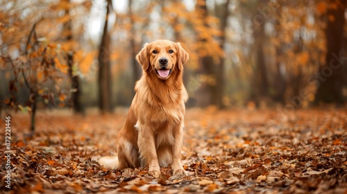 A Golden Retriever sits proudly amidst a blanket of fallen autumn leaves, embodying warmth and loyalty.