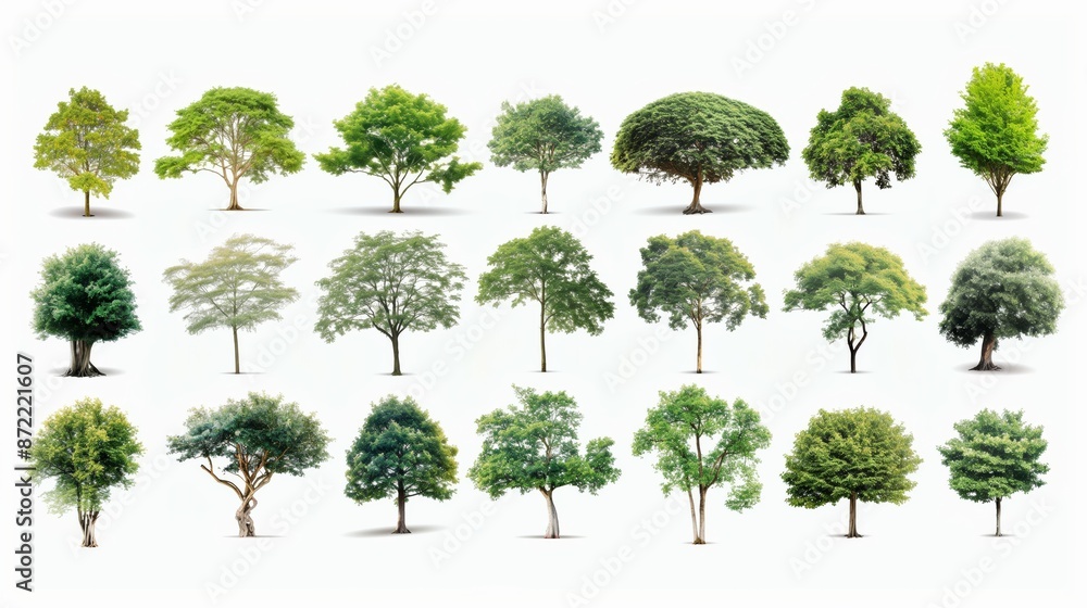 A diverse collection of detailed and lifelike trees, showcasing various species in full foliage against a stark white background. A diverse collection of detailed and lifelike trees, showcasing various species in full foliage against a stark white background.