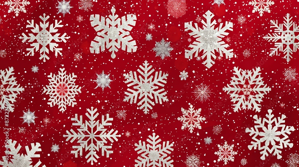 A festive red background scattered with various white snowflakes, each uniquely patterned and subtly glittering. A festive red background scattered with various white snowflakes, each uniquely patterned and subtly glittering.