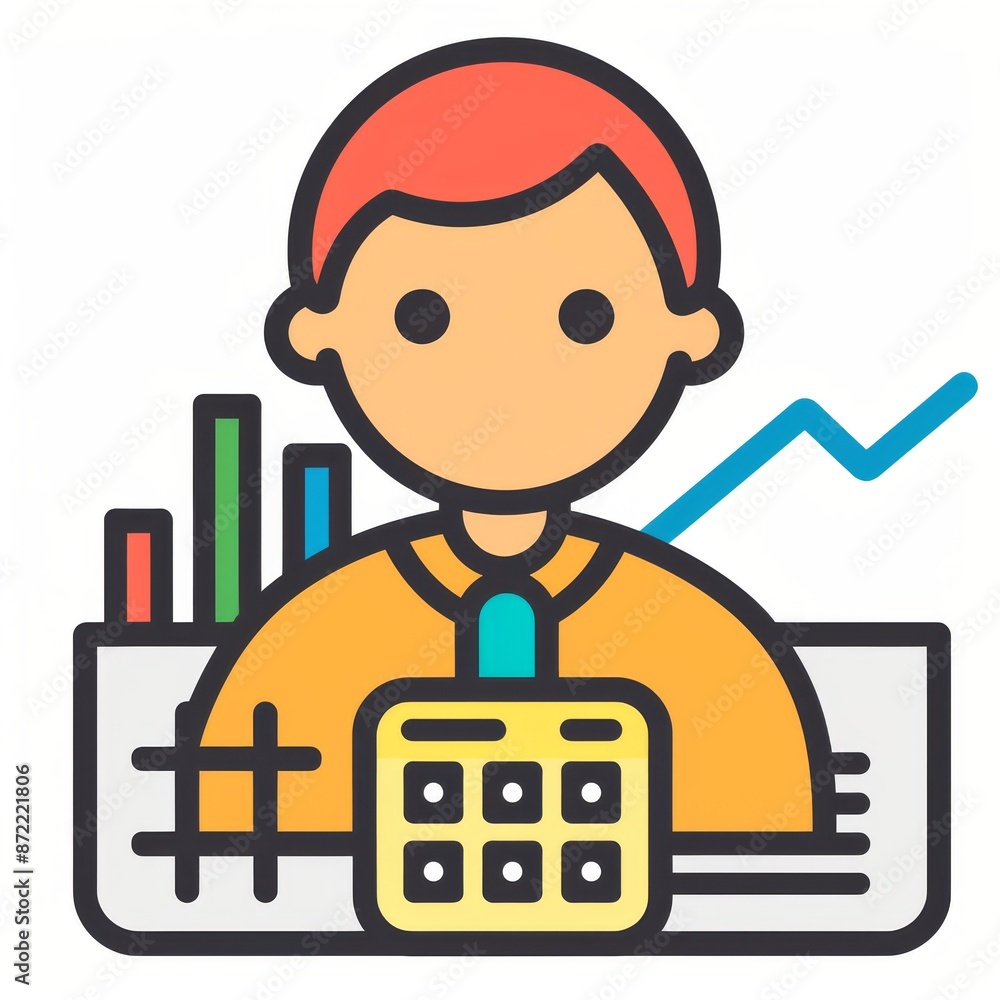 Icon depicting a person with a calculator and financial chart Icon depicting a person with a calculator and financial chart