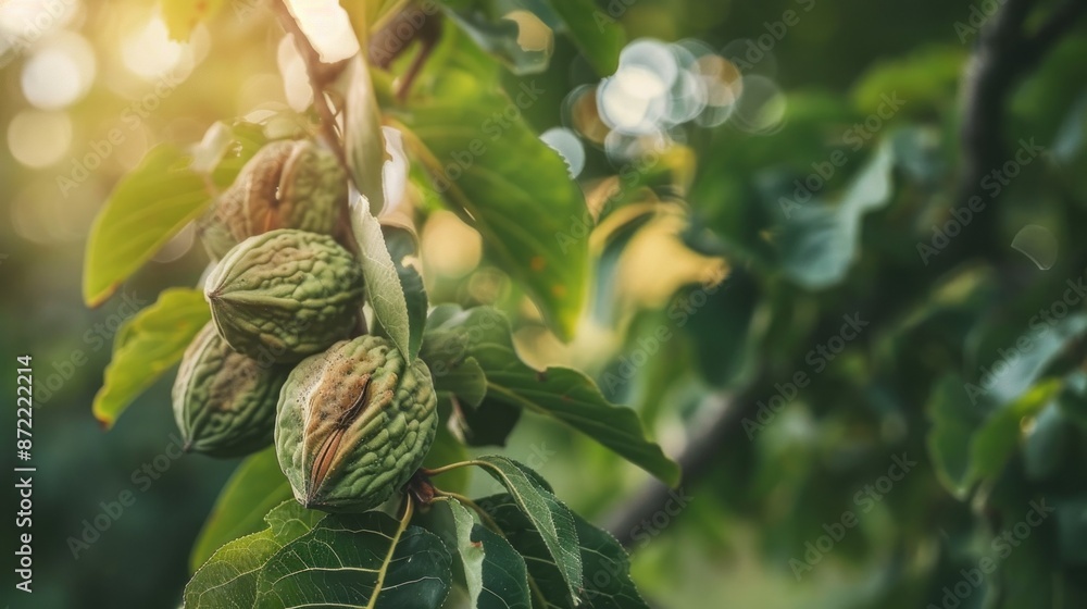A close-up image of green walnuts hanging on a tree branch. The walnuts are surrounded by leaves and the sun is shining through the branches. The image captures the beauty and simplicity of nature A close-up image of green walnuts hanging on a tree branch. The walnuts are surrounded by leaves and the sun is shining through the branches. The image captures the beauty and simplicity of nature