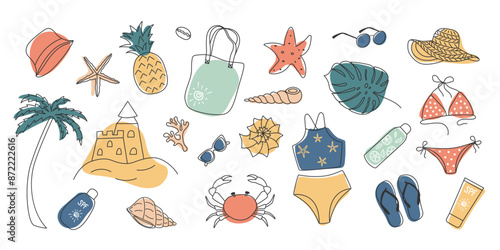 Set of doodle Summer Holidays elements. Hand drawn abstract Beach accessories set. Cute Sea ocean Vacation illustration. Bikini, seashell, palm pineapple crab sunscreen flipflop