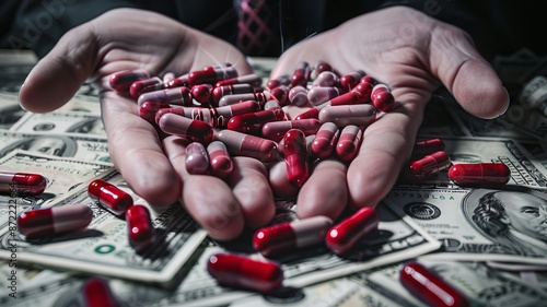 Corporate big pharma corruption and greed selling soul to the devil. Big pharmaceutical companies grip on the world Syringes and drugs with Dollar Bills Image of Medical Industry Corruption and deceit