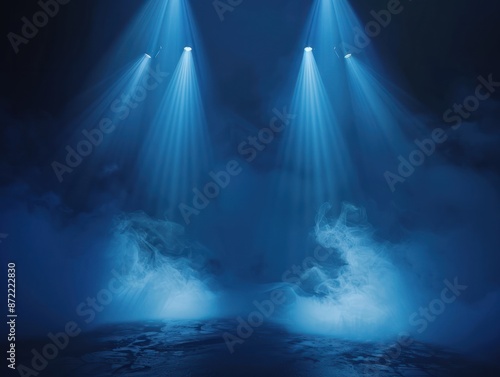 Free stage with lights and smoke, Empty stage with blue spotlights, conser, show, party, Presentation concept. dark navy blue spotlight strike on black background. banner design