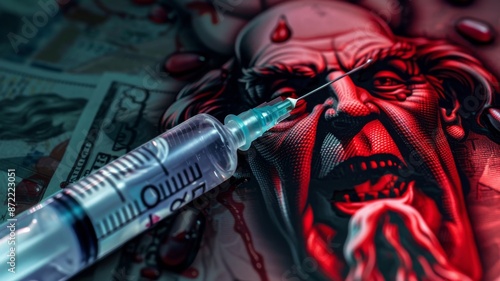 Corporate big pharma corruption and greed selling soul to the devil. Big pharmaceutical companies grip on the world Syringes and drugs with Dollar Bills Image of Medical Industry Corruption and deceit photo