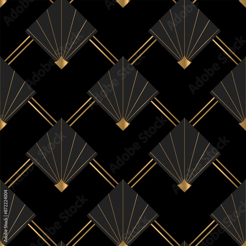 Seamless pattern with golden elements on black background. Art deco style. Vector print. Luxury seamless pattern print