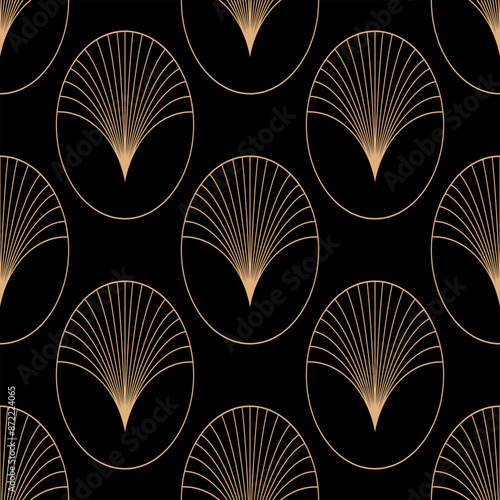 Seamless pattern with golden circles and fans. Art deco style. Vector illustration. Textile print