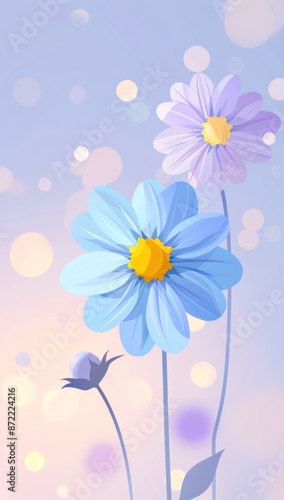 Blue flower with yellow center and abstract circles in a pastel background