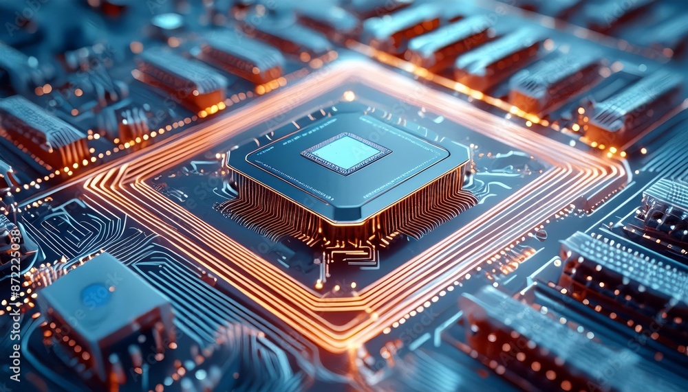 A computer motherboard with a state-of-the-art AI processor. AI generative. High quality photo A computer motherboard with a state-of-the-art AI processor. AI generative. High quality photo