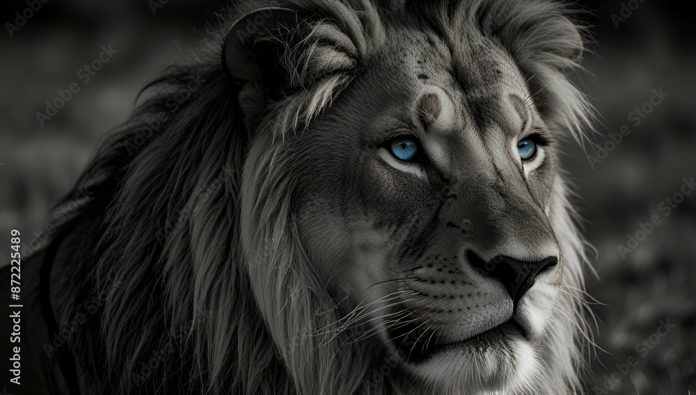 Naklejka premium A white lioness looking intensely with her blue eyes in this beautiful close up photo of her face., Generative AI
