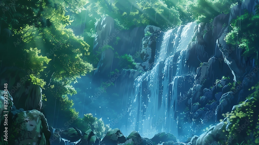 Obraz premium A Tranquil Waterfall in a Lush Forest