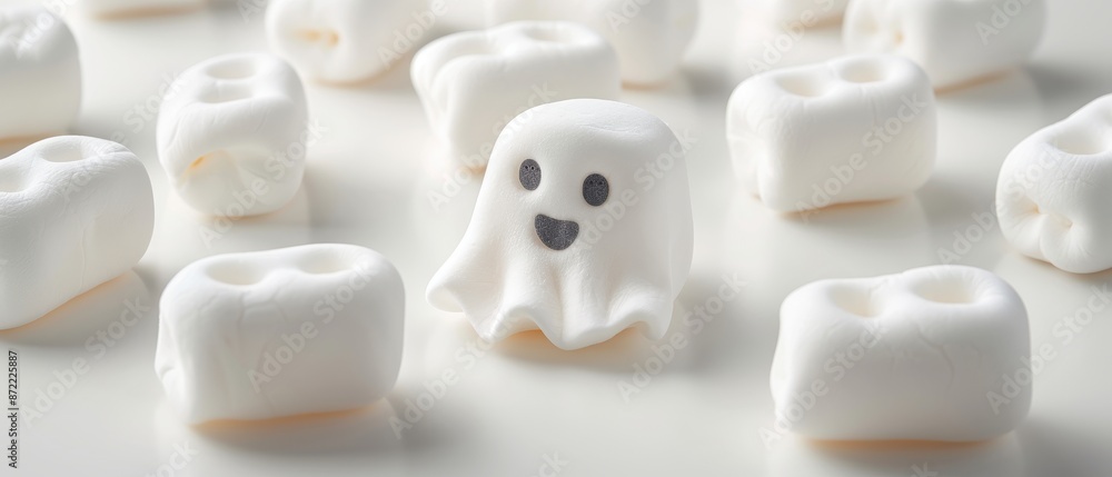 A white ghost is surrounded by white marshmallows A white ghost is surrounded by white marshmallows
