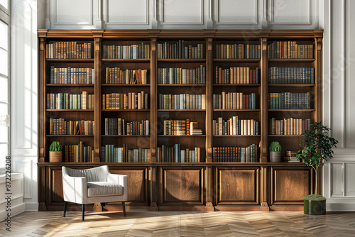 A large room with a lot of bookshelves and a potted plant, generative ai image.