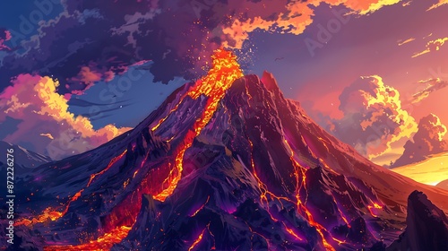 Erupting Volcano at Sunset