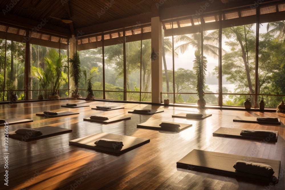 Yoga studio with tropical view at sunrise Yoga studio with tropical view at sunrise