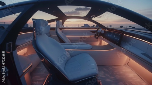 Wallpaper Mural The interior of a modern car with a panoramic sunroof that offers a view of a beautiful sunset. The car features a sleek, minimalist design with comfortable seating and ambient lighting. Torontodigital.ca