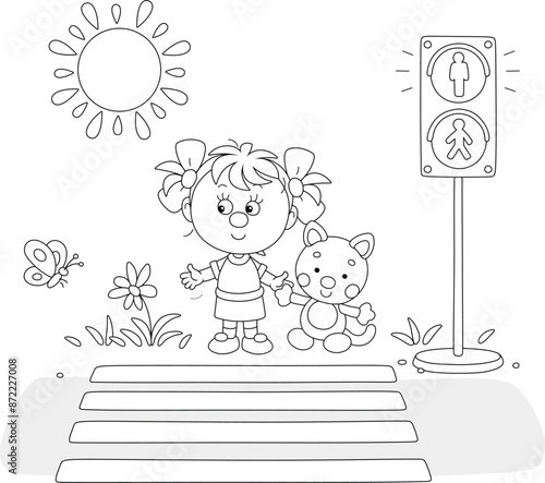 Funny little girl with her toy cat waiting for green traffic light at a pedestrian crossing of a town street on a sunny summer day, black and white vector cartoon illustration for a coloring book