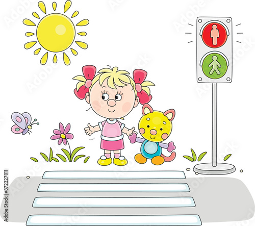 Funny little girl with her toy cat waiting for green traffic light at a pedestrian crossing of a town street on a sunny summer day, vector cartoon illustration