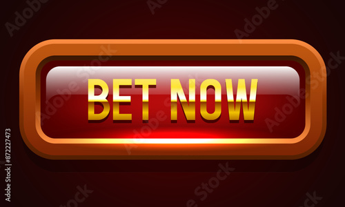 Bet Now button. Red button with brown frame and gold letters. Vector clipart.