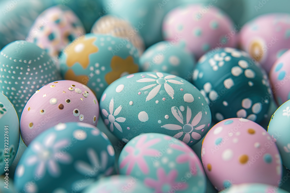 A bunch of colorful eggs are scattered on a pink background, generative ai image.