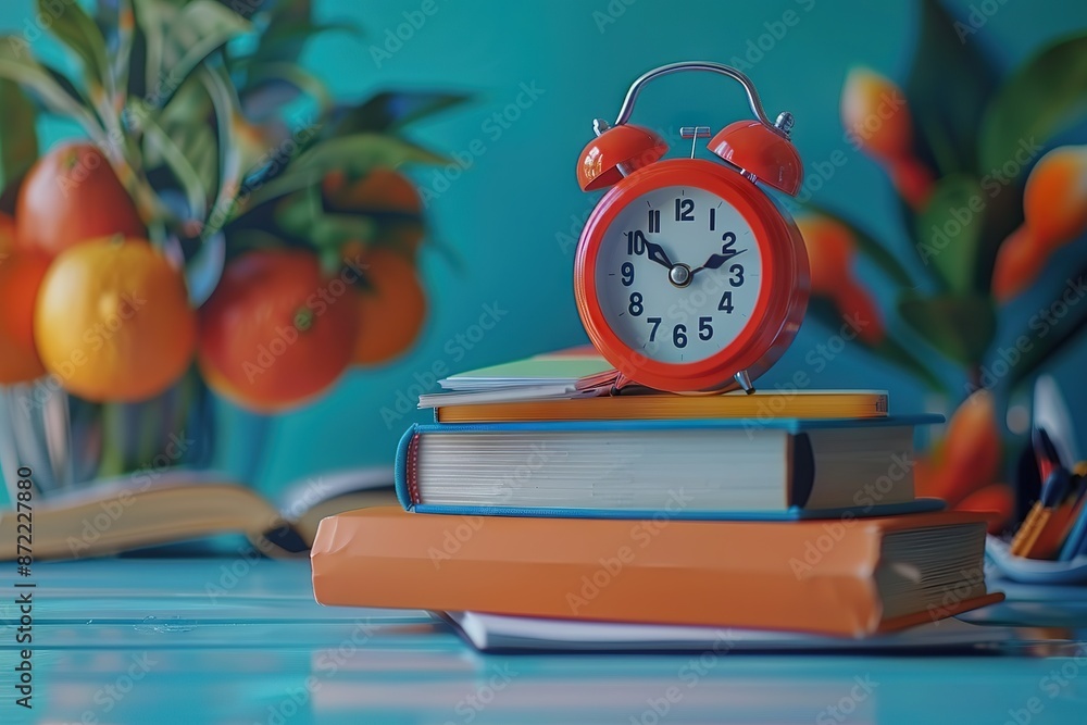 Organized Student's Desk with Textbooks, Alarm Clock and Pencil Organized Student's Desk with Textbooks, Alarm Clock and Pencil