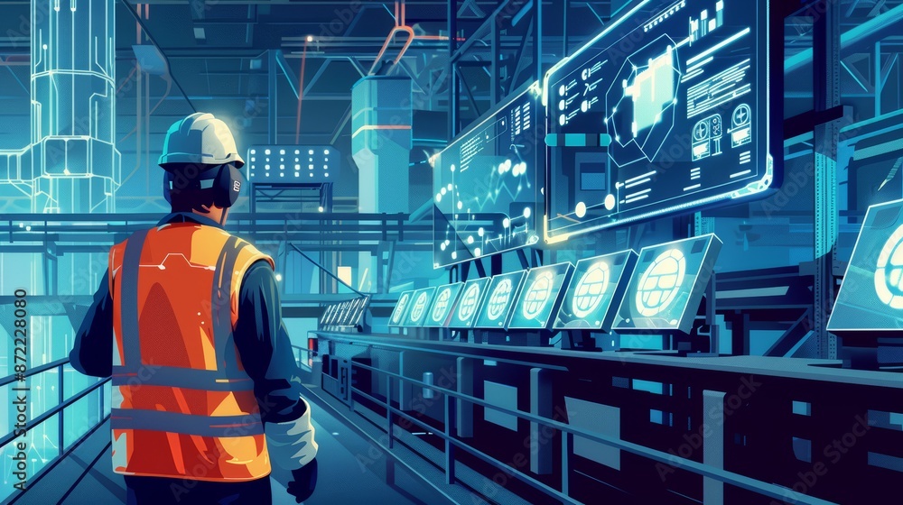 A modern web template featuring a stylized engineer in a smart factory A modern web template featuring a stylized engineer in a smart factory