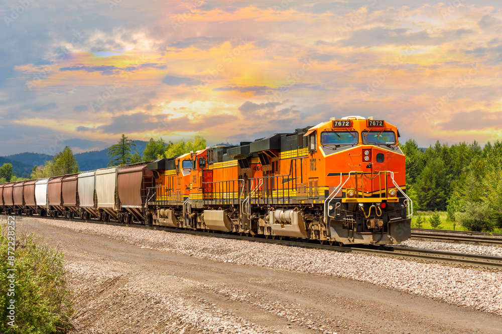 freight train pulling cargo close to Whitefish, Montana freight train pulling cargo close to Whitefish, Montana