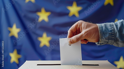Casting Vote into Ballot Box with European Union Stars Background - Polling station