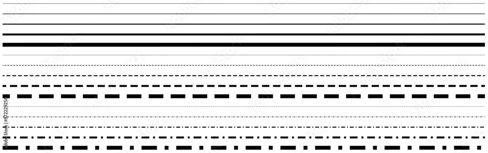 Straight black separator lines, simple and dotted lines, a series of stripes from thin to thick lines. Isolated. Straight black separator lines, simple and dotted lines, a series of stripes from thin to thick lines. Isolated.