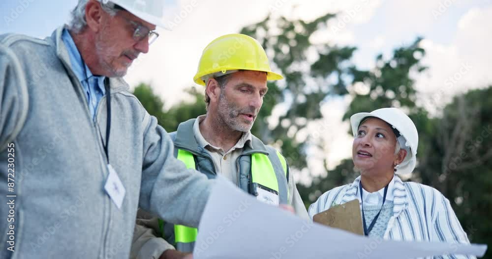 People, group and architect with blueprint at construction site for floor plan, discussion and building development. Contractors, documents and talk, inspection and teamwork for industrial project People, group and architect with blueprint at construction site for floor plan, discussion and building development. Contractors, documents and talk, inspection and teamwork for industrial project