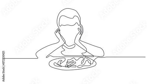 continuous line drawing of a child who is lazy about eating. one line drawing of a child who has no appetite. looking at food.single line vector illustration.isolated white background