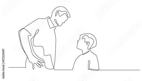 continuous line drawing of father scolding son. one line drawing of father advising son. single line vector illustration. isolated on white background