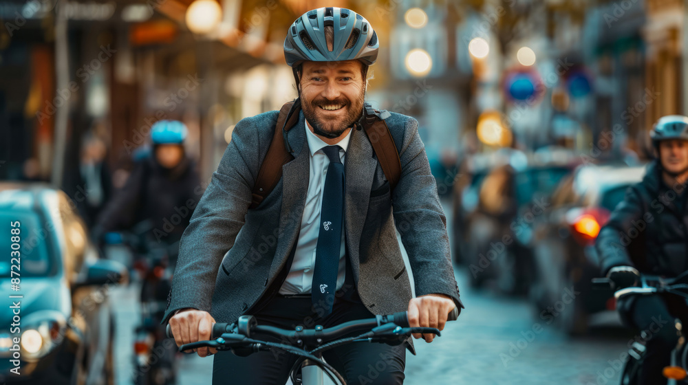 Businessman commuting on a bike in city traffic, smiling and happy Businessman commuting on a bike in city traffic, smiling and happy