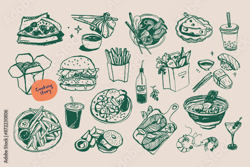 Minimalist hand drawn food and drink vector illustration collection. Art for postcards, branding, logo design, background.	