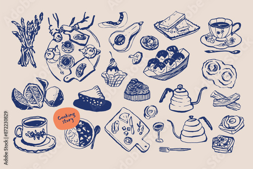 Minimalist hand drawn food and drink vector illustration collection. Art for postcards, branding, logo design, background.	