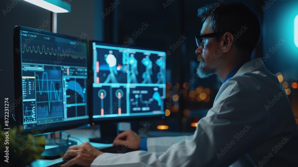 Focused Scientist Working Late in Lab Focused Scientist Working Late in Lab