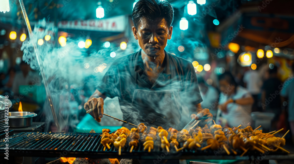 Street food vendor grilling skewers at night market with smoke and lights Street food vendor grilling skewers at night market with smoke and lights