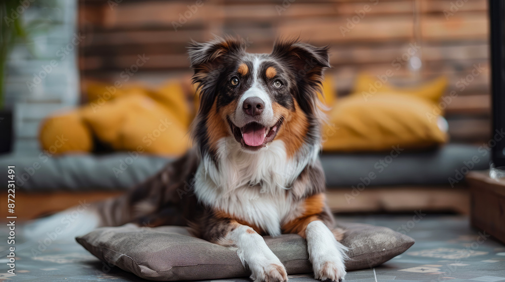 Happy Australian Shepherd Dog Relaxing Indoors on a Cozy Pillow with a Warm Wooden Background and Yellow Cushions Happy Australian Shepherd Dog Relaxing Indoors on a Cozy Pillow with a Warm Wooden Background and Yellow Cushions