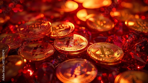 Representation of the cryptocurrency bitcoin symbol on a dynamic background. Trading and investment concept. Close-up of Coin in the middle of the photo. Virtual money concept Copy Space