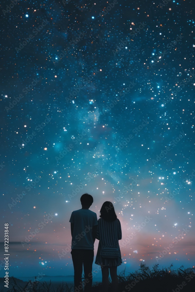 Obraz premium Silhouetted couple gazing at a starry night sky
