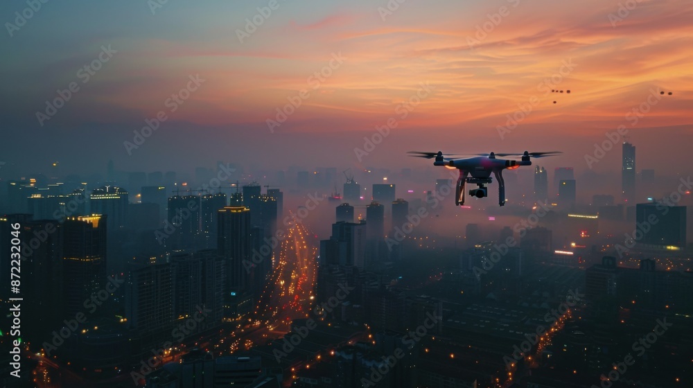 Drone flying over the city, global aerial surveillance. Drone flying over the city, global aerial surveillance.