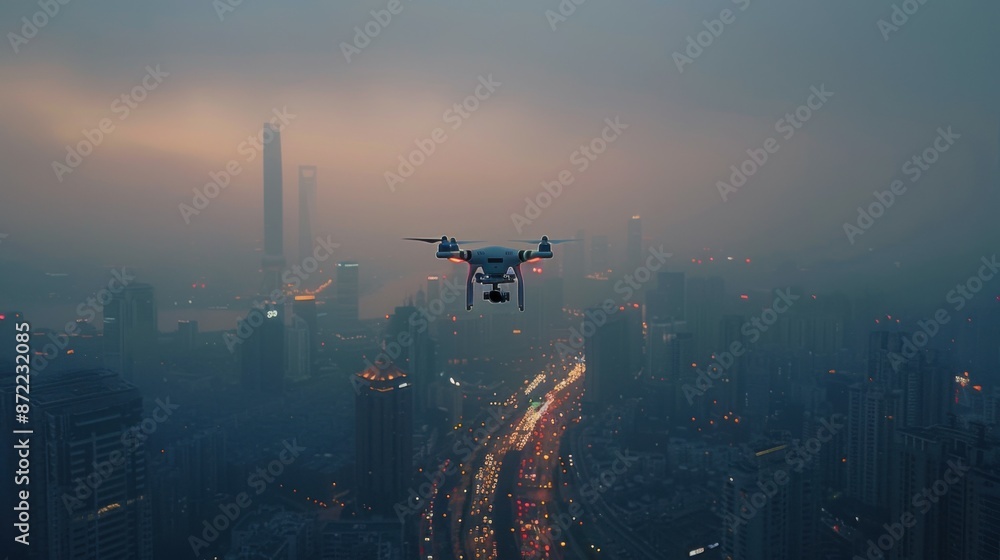 Naklejka premium Drone flying over the city, global aerial surveillance.