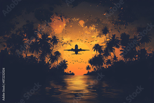 A plane flies towards the sunset, silhouetted against an orange sky. Palm trees line the water's edge, and birds are scattered across the sky photo