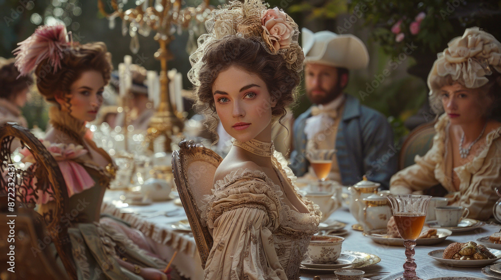Elegant 18th Century Garden Party with Aristocratic Guests in Period Costume Enjoying Lavish Tea Setting Elegant 18th Century Garden Party with Aristocratic Guests in Period Costume Enjoying Lavish Tea Setting