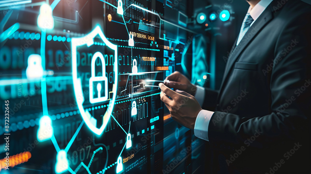 Cybersecurity concept: Businessman interacting with digital lock icons and holographic interface to secure data in modern technology network Cybersecurity concept: Businessman interacting with digital lock icons and holographic interface to secure data in modern technology network