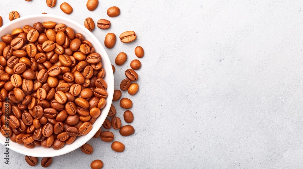 Bowl of coffee beans flat lay on white table top with copy space. Bowl of coffee beans flat lay on white table top with copy space.