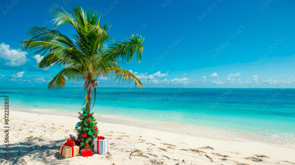 Tropical Christmas Tree on a Sunny Beach with Gifts and Decorations